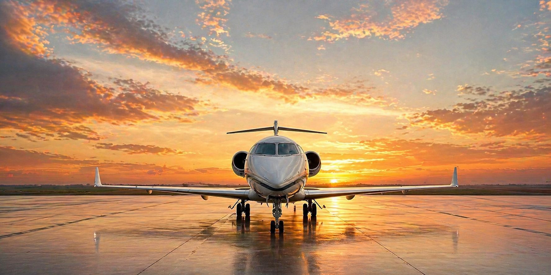 N590MC nose-on at sunrise on a wet ramp